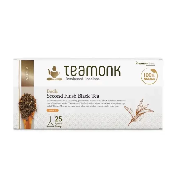 Teamonk Bodh USDA Certified Organic Darjeeling Second Flush Black Tea Bag Pack - 25 Biodegradable Pyramid Black Tea Bags available on Herbkart