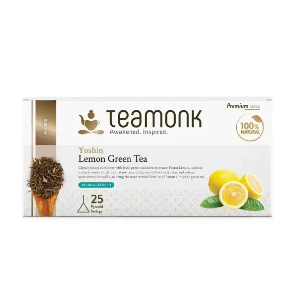 Teamonk Yoshin High Mountain Lemon Green Tea - 25 Biodegradable Pyramid Tea Bags available on Herbkart