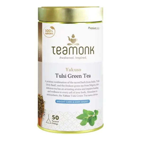 Teamonk Yakuso High Mountain Tulsi Green Tea - 50 Biodegradable Pyramid Tea Bags available on Herbkart