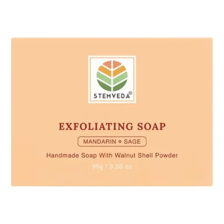 STEMVEDA Handmade Exfoliating Bath Soap with Walnut Shell Powder 95g | Gently Exfoliating SLS-Free Soap Enriched with Mandarin and Sage Essential Oil | Suitable for All Skin Types