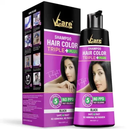 VCare Shampoo Hair Colour Shampoo-Black 180ml for Women and Men |Pump pack with Natural extracts | Colours hair in minutes|Enriched with growth factors & antioxidants, Ammonia free, Sulphate free