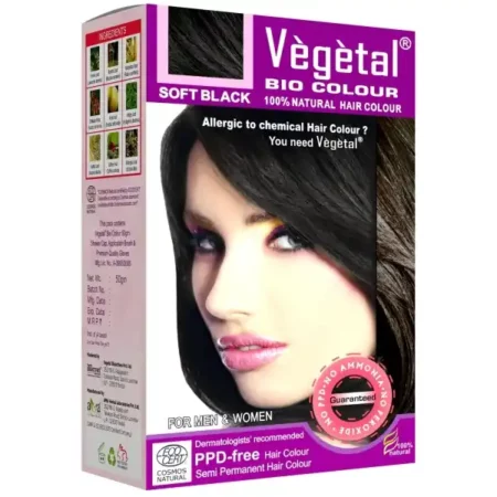 Vegetal Bio Hair Colour - Soft Black | 50g | Achieve Natural, Ammonia-Free Hair Color | PPD-Free, 100% Herbal Certified Organic for Men and Women | UV Protection and Luster Maintenance | Complete Kit