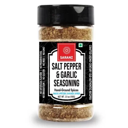 SARANZ Salt Pepper Garlic Mix Exotic Seasoning, Ideal for Main Dishes, Appetizers, Snacks, and Savories,Instant Seasoning With Zero Preservatives,Scented and Flavorful Vegan - 100 Grams Sprinkler Jar