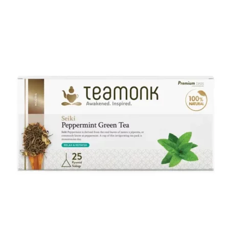Teamonk Seiki High Mountain Peppermint Green Tea - 25 Biodegradable Pyramid Tea Bags. Aids Digestion. Helps Reduce Bad Breath and Halitosis