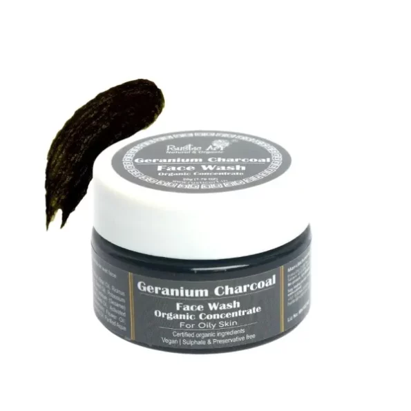 Rustic Art Organic Geranium Charcoal Face Wash Concentrate | For Oily Skin | Deep cleanses pores, Reduces blackheads & whiteheads |Sulphate & Paraben Free | 50 Gm, Herbkart8t751BtawxIr4L.webp,