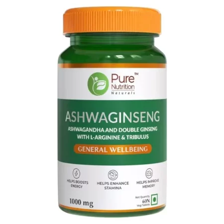 Pure Nutrition Ashwaginseng - 60 Veg Tablets | Power of Ashwagandha, Double Ginseng, L-Arginine & Tribulus | Boosts Energy, Stamina & Vitality | Supports Stress Relief, Wellness & Performance