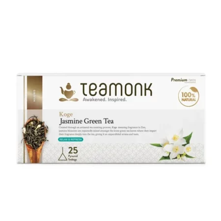 Teamonk Koge High Mountain Jasmine Green Tea Leaves Bag - 25 Pcs Biodegradable Pyramid Tea Bags Box - Green Tea Leaf & Freeze Dried Jasmin Flowers Natural Flavour. Helps Fat Burn. Antioxidants Rich