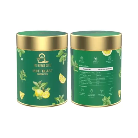 The Infused Kettle Premium Mint Blast Iced Tea, 22 Cups, Natural Loose Green Tea Blended with Mint, Peppermint, Spearmint, Lemon Zest, Low Caffeine Chai - 50 gm