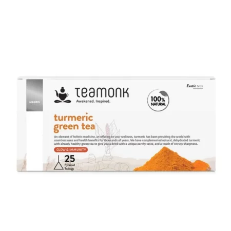 Teamonk High Mountain Turmeric Green Tea - 25 Biodegradable Pyramid Tea Bags Filled With Whole Loose Leaves Acts as Immunity Booster. Natural Ingredient Infused - Not Artificially Flavoured.