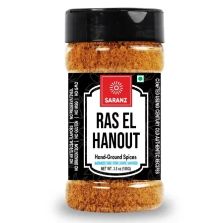 SARANZ Ras El Hanout Mix Exotic Seasoning Strong Flavoured Perfect for Snacks, Appetizers, Savouries, Entrees, Main Dishes Aromatic and Flavoured Vegan, Dairy Free and Gluten Free Seasonings-100 Grams Sprinkler Jar