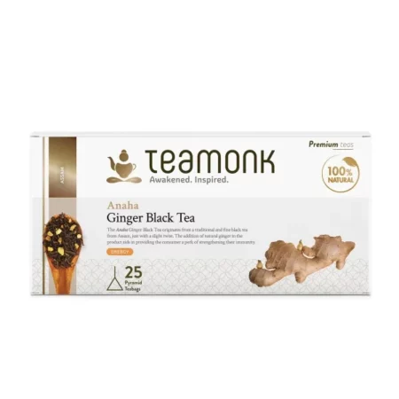 Teamonk Anaha Assam Ginger Black Tea - 25 Biodegradable Pyramid Black Tea Bags. Boosts Energy. Antioxidant Properties. Boosts Heart Health and Helps reduce Blood pressure.