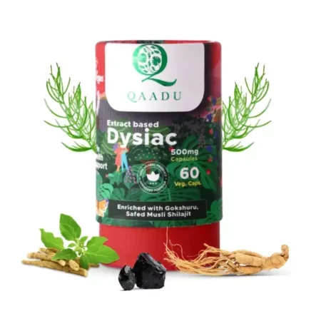 QAADU Dysiac Organic Plant Based Herbal Supplement with Ashwagandha, Shilajit, Shatavari & Ginseng | Improves Energy, Stamina & Strength | Endurance Booster for Men - 60 Veg Capsules