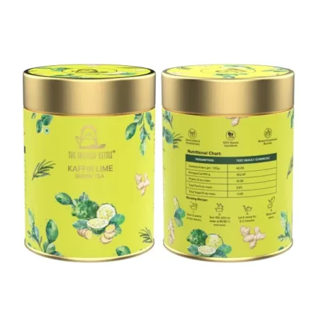 The Infused Kettle Premium Kaffir Lime Green Tea, 22 Cups, Loose Herbal Darjeeling Whole Leaf Tea Blended with Ginger, Lemon Grass, Lemon Oil & Kaffir Lime Oil, Low Caffeine Chai - 50gm