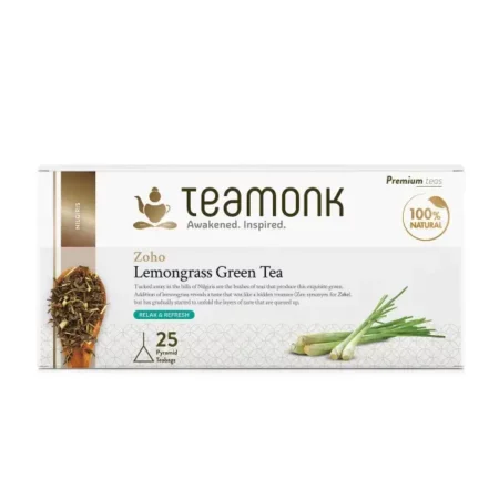 Teamonk Zoho High Mountain Lemongrass Green Tea Box - 25 Biodegradable Pyramid Tea Bags Filled With Whole Loose Leaves. Rich in Antioxidants. Helps in Digestion