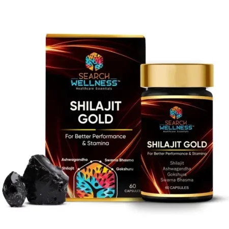 SEARCH WELLNESS Shilajit Gold 60 Capsules (Pack of 1) | Enriched with Ashwagandha, Gokshura, Swarna Bhasma | Helps in boosting Strength, Stamina & Power | Ayurvedic Medicine For Women & Men