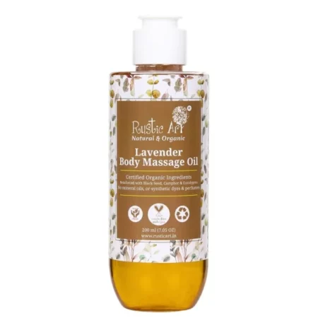 Rustic Art Organic Lavender Body Massage Oil - 200ml | Cold-Pressed | Relaxing & Soothing | Enriched with Mint, Camphor, Moringa | Stress Relief for Men & Women