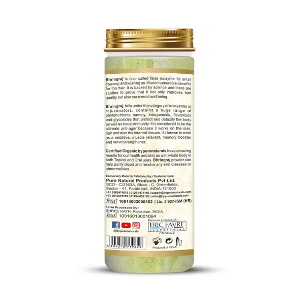 ByPure Naturals 100% Natural Herbal Organic Bhringraj Powder 100gm, Pack of  1 - Herbkart