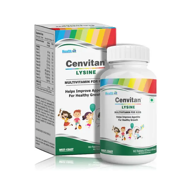 Cenvitan Lysine Multivitamin for Kids, Helps Improve Appetite for Healthy Growth, 60 Tablets, Chewable