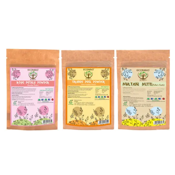 Natural Skin Care Combo, Rose Petals Powder 50g, Orange Peel 50g and Multani Mitti Powder 100g