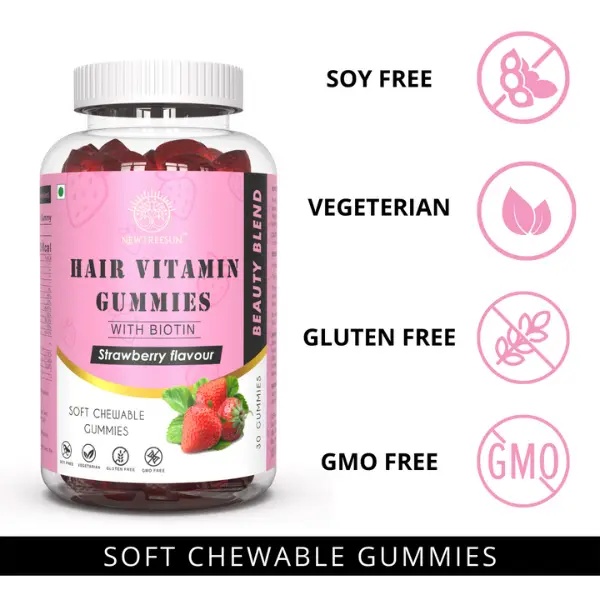 Newtreesun Biotin Hair Gummies, 100% Vegetarian, 30 Gummies - Herbkart Newtreesun Biotin Hair Gummies, 100% Vegetarian, 30 Gummies - Herbkart