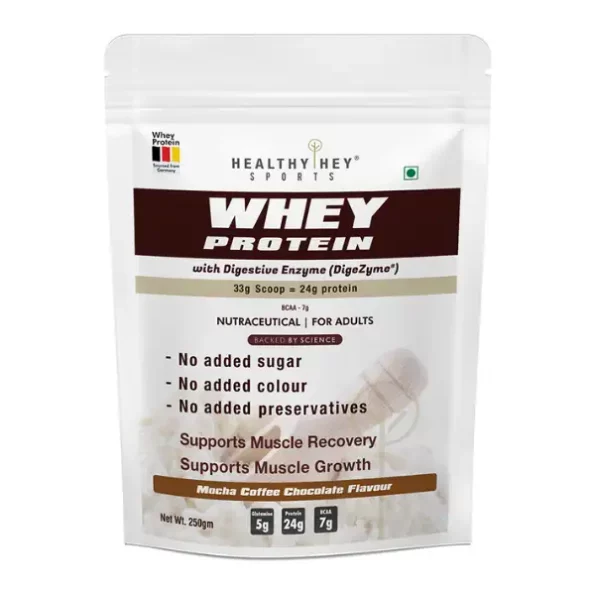 HealthyHey Sports Whey Protein Concentrate, Made in Germany, Mocha coffee Flavour, Pouch, 250gm, HSWPCM250g-1.webp, HSWPCM250g 1