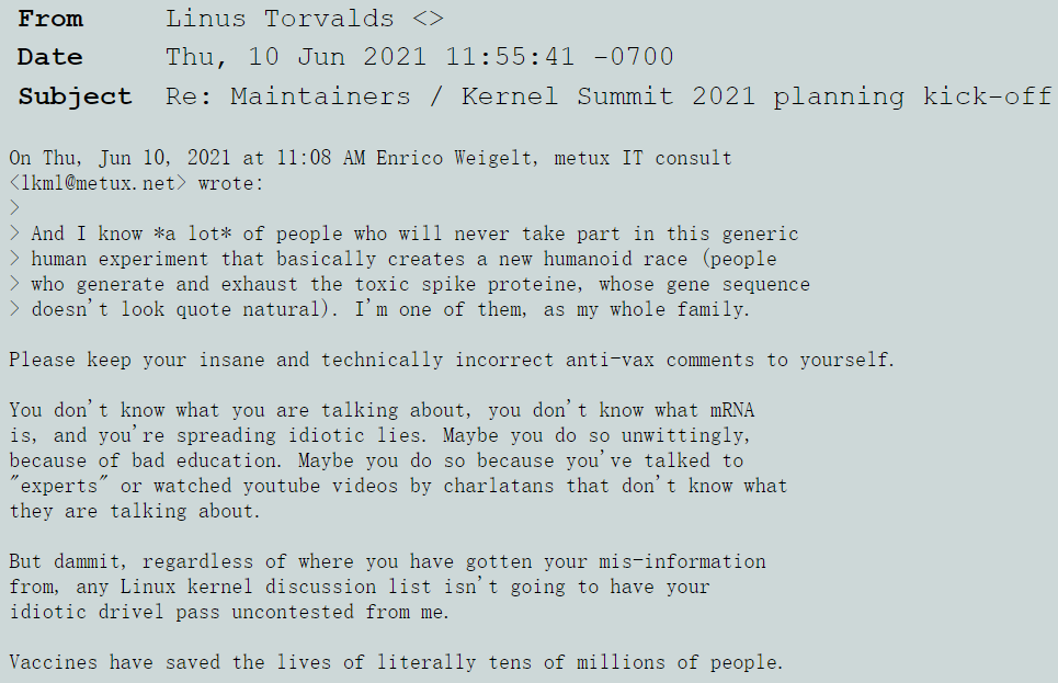 Linus 怒斥反疫苗言論，稱郵件列表不接受愚蠢的謊言