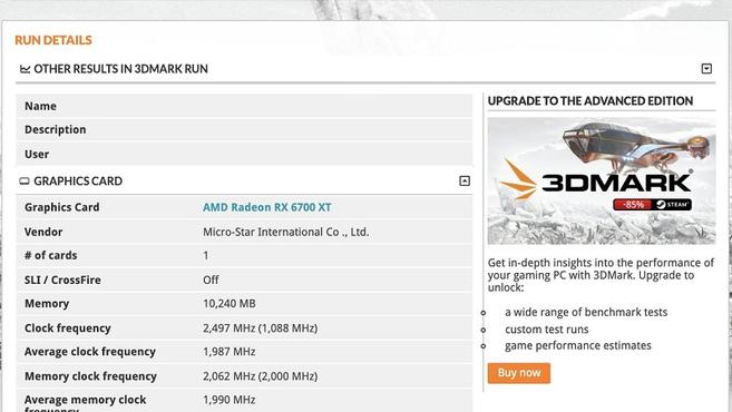 AMD Radeon RX 6700M出現在3DMark資料庫中，被錯誤識別為RX 6700 XT