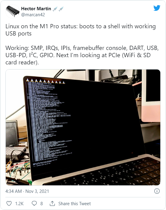 搭載 M1 Pro 的 MacBook Pro 已順利啟動 Linux