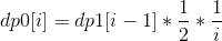 dp0[i]=dp1[i-1] * \frac{1}{2} * \frac{1}{i}