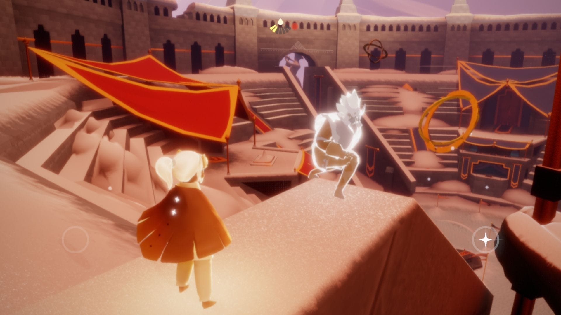 観客席の一番上に、お辞儀をするメダリストの精霊が居る