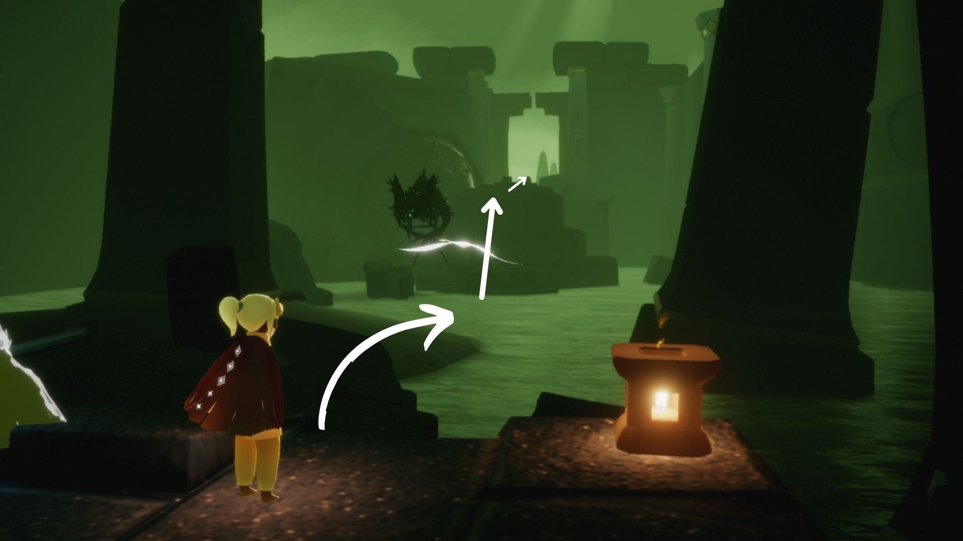 暗黒竜（エビ）のサーチライトを避けて、まっすぐに移動しましょう。