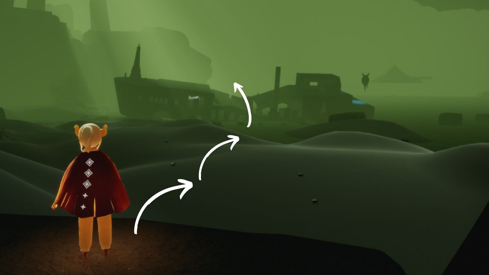 洞窟を抜けると座礁船があり、船の後ろに敬礼する隊長が居ます。