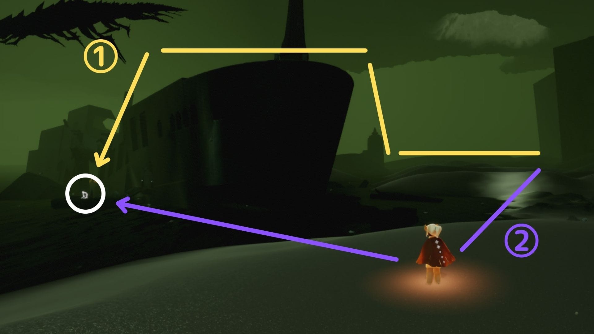 船を飛び越える。もしくは、迂回して座礁船の後ろに回りましょう。