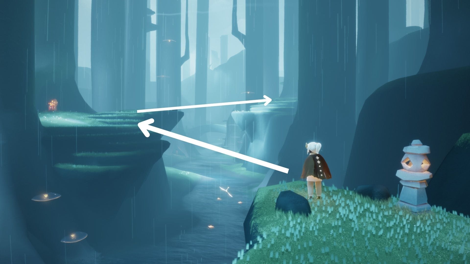 4.小川の対岸から対岸へ、灯籠から「くの字」になるように移動します。