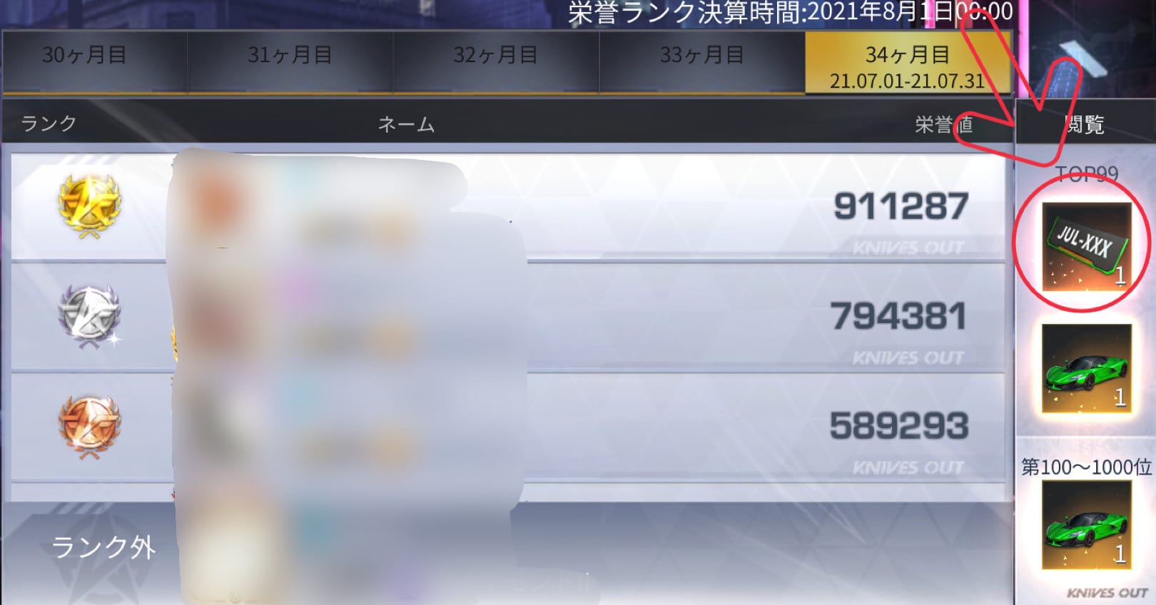 栄誉ランキング上位99人のプレイヤーにはナンバープレート贈呈される