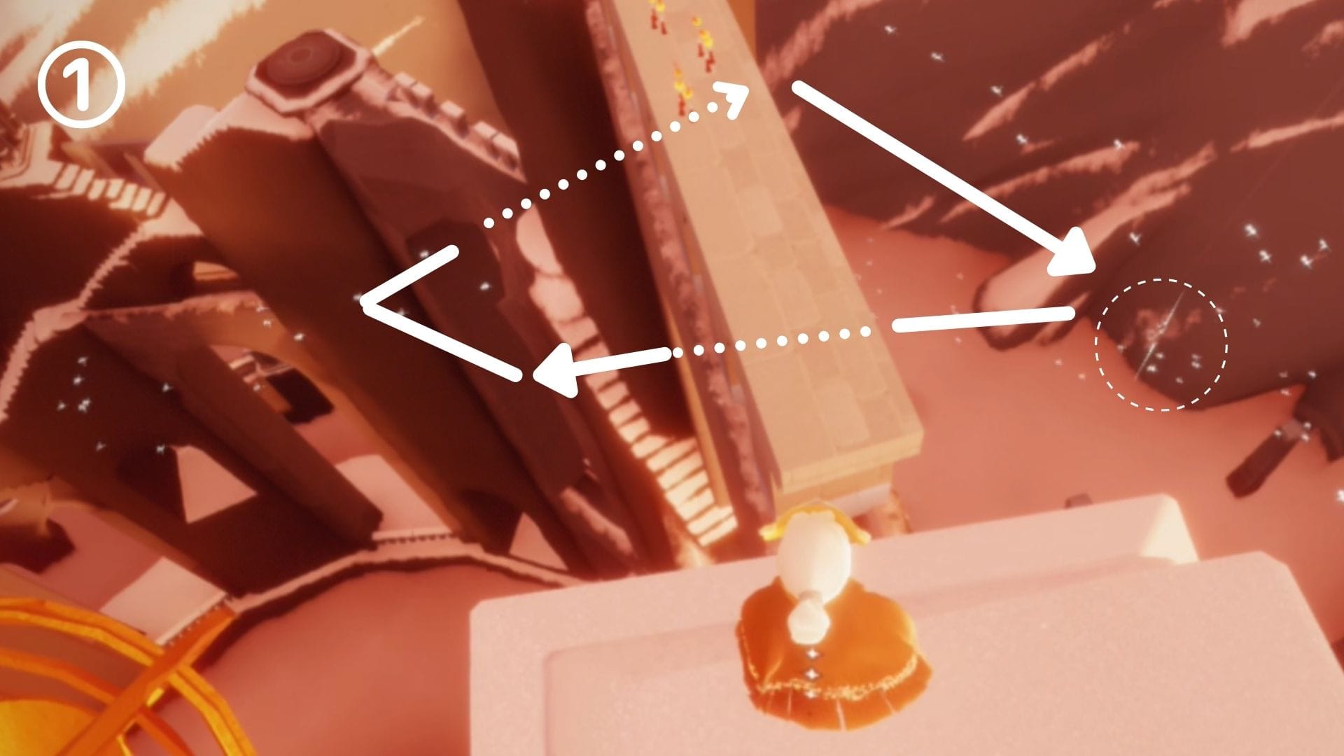 1つ目の記憶は、巨大な天球儀の裏側のアーチ付近を飛んでいます。