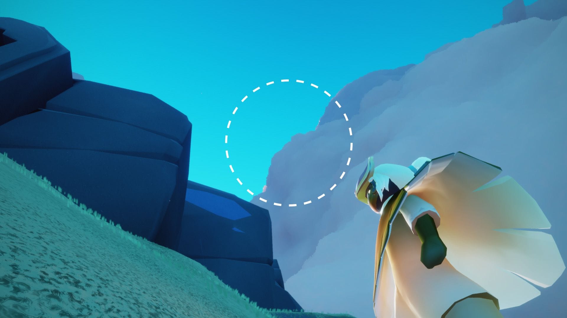 神殿の横から見上げると雲が出っ張っている部分があるので、そこを目指しで飛んでいきます。