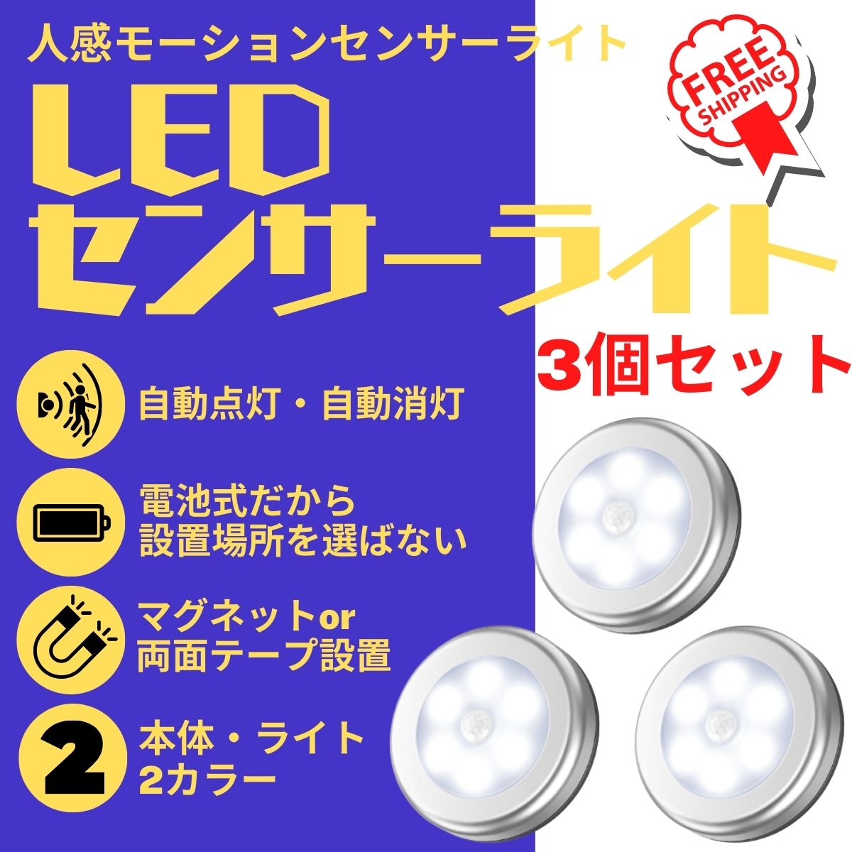 【取付簡単！】人感・LEDセンサーライト  3個セット　取付簡単使いたい場所に設置するだけ　電池式だから邪魔な配線もない448711