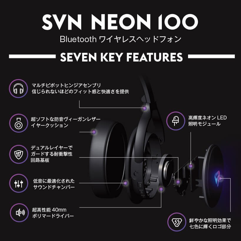 SVN Sound by Steve Aoki プレミアムオーバーイヤーワイヤレスヘッドフォン 高機能ノイズキャンセリングマイク搭載 7色に光るLEDライト Bluetooth5.0 Neon100770102