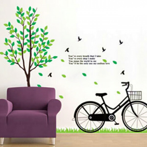ウォールステッカー 木と自転車 二枚組 大きいサイズ 2枚セット リビング 壁紙 シール 賃貸OK はがせる 剥がせる DIY 模様替え インテリア グリーン 癒し 葉っぱ バイク シンプル ツリー 緑 送料無料824146