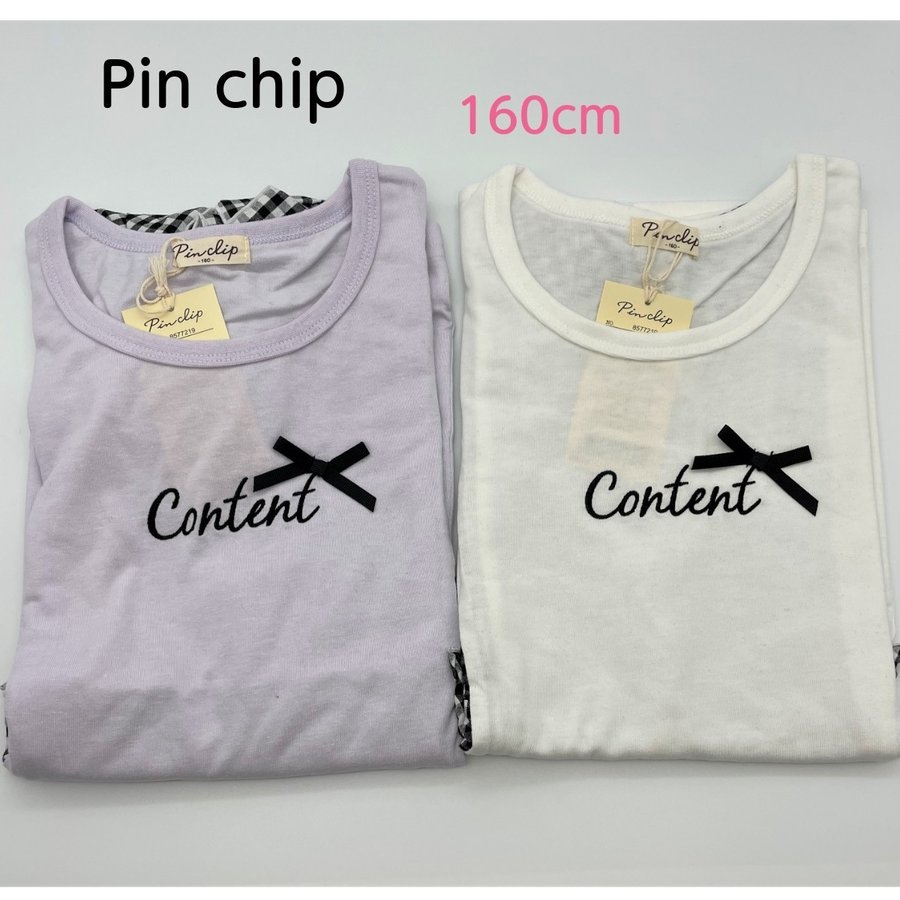 子供服 女の子 Tシャツ トップス 半袖 レース ボーダーチェック リボン キッズ pin chip827057