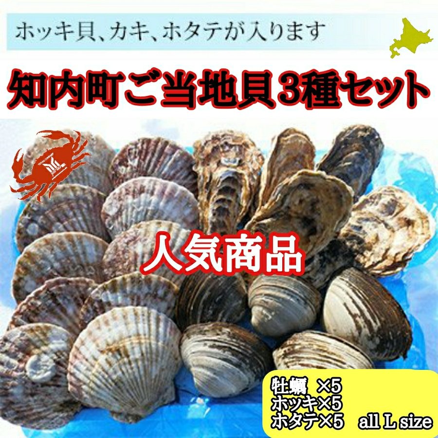 北海道知内産貝セット　Lサイズ牡蠣　Lサイズホタテ　Lサイズほっき　各5個896990