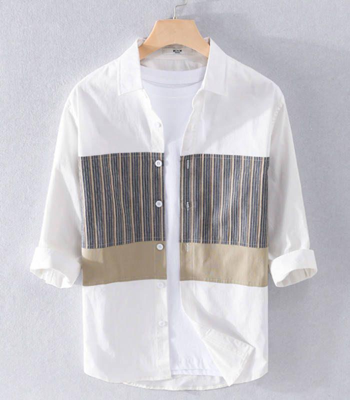 七分袖シャツ メンズシャツ ストライプ柄 切り替え カジュアルシャツ コットン900928