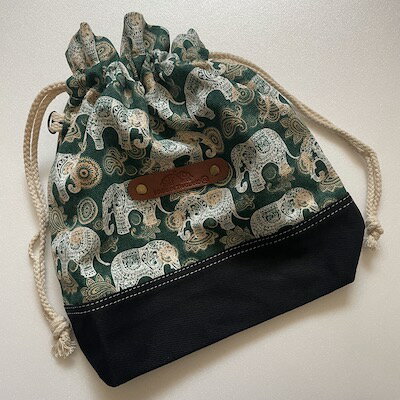 巾着袋　バッグ　グリーン　象　ゾウ　タイ　バンコク　ショルダー913995