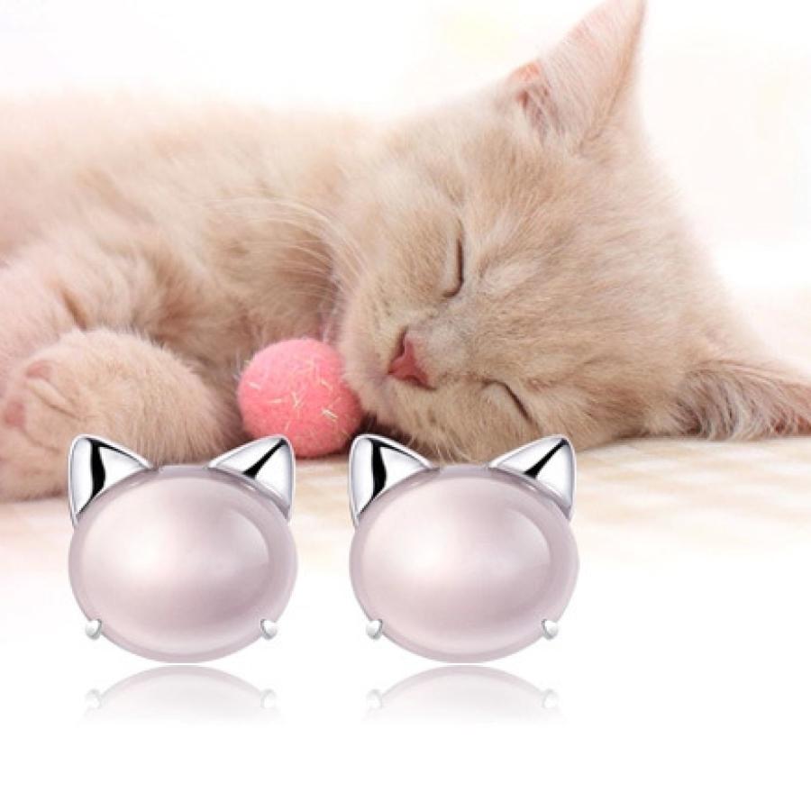 子猫デザインが可愛い Mies’ ピアス M-AP0006 S925 の かわいい 子猫 の 天然石 マダガスカルローズクォーツ の ペンダントトップ ピアス 銀 メッキ シルバー かわいい アクセサリ940242