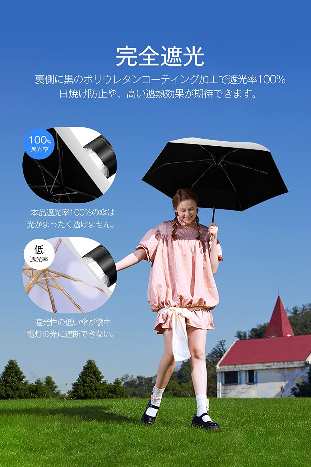 晴雨兼用・100%遮光 メンズ 自動開閉 折り畳み傘 折り畳み日傘 男女兼用 青
