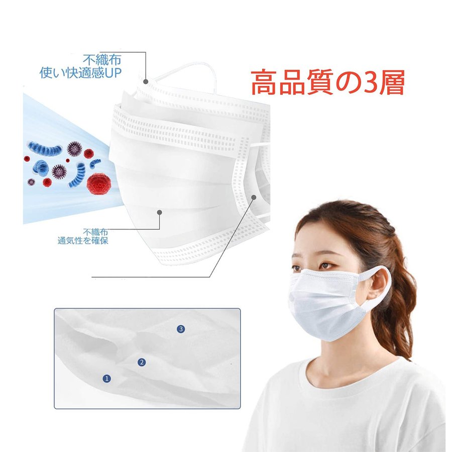 【耳が痛くならない】不織布マスク50枚 3層構造の使い捨てマスク  日本国内品質検査済347584