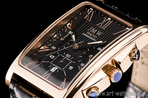 【JMW TOKYO】ブラックローズゴールド 角型 ローマン 上級 クロノグラフ 本革ベルト 腕時計【世界限定300本】