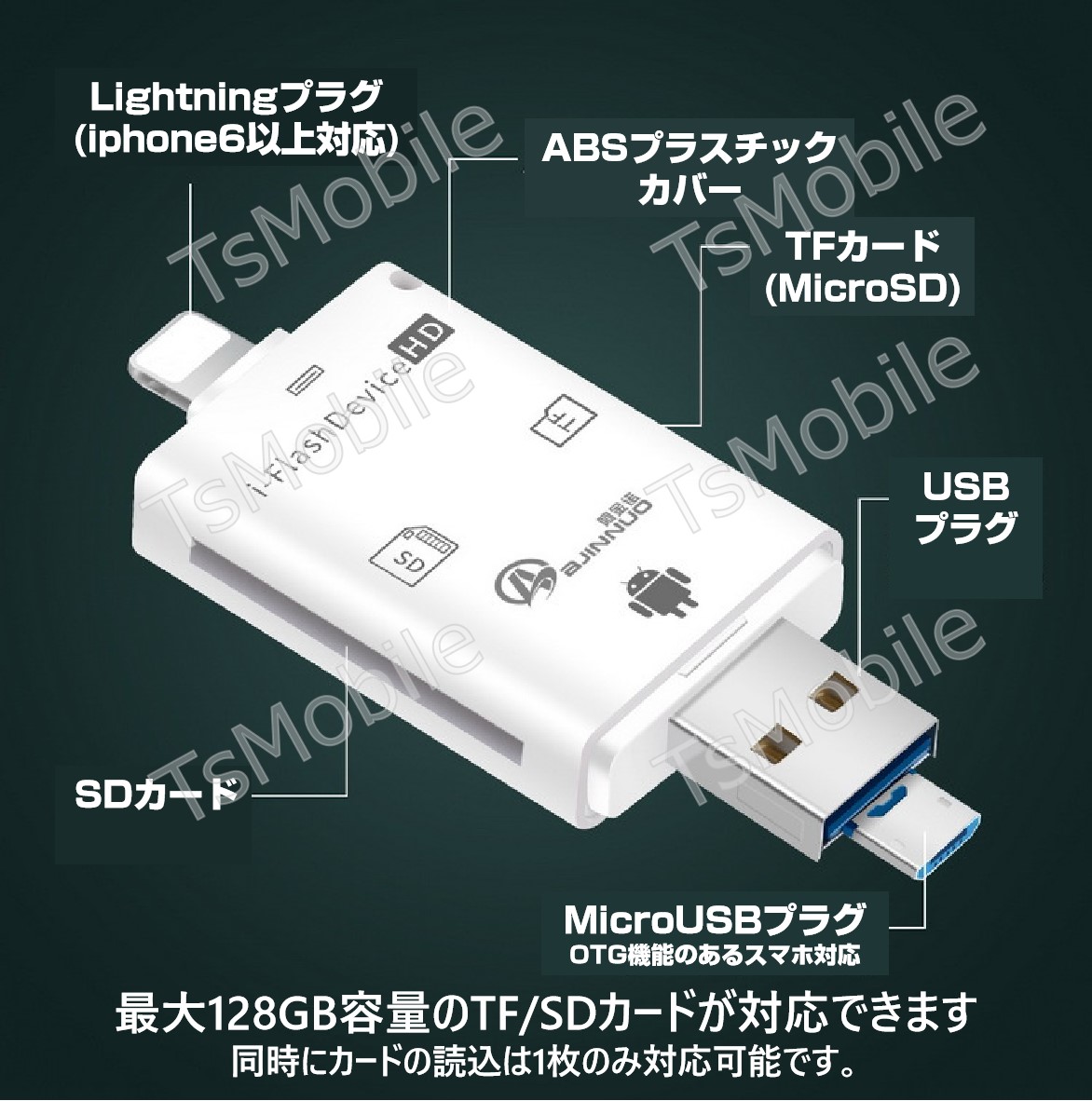 iphone PC用 TF/SD5in1カードリーダー ライトニングLightning MicroUSB USB  MicroSD/SDカードリーダー ipad データ転送 バックアップ  スマートフォン 保存移動315685