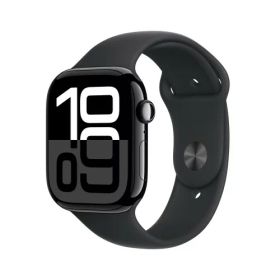 Apple Watch Series 10(GPS + Cellularモデル)- 46mmジェットブラックアルミニウムケースとブラックスポーツバンド - M/Lを組み合わせたスマートウォッチ。フィットネストラッカー、血中酸素ウェ